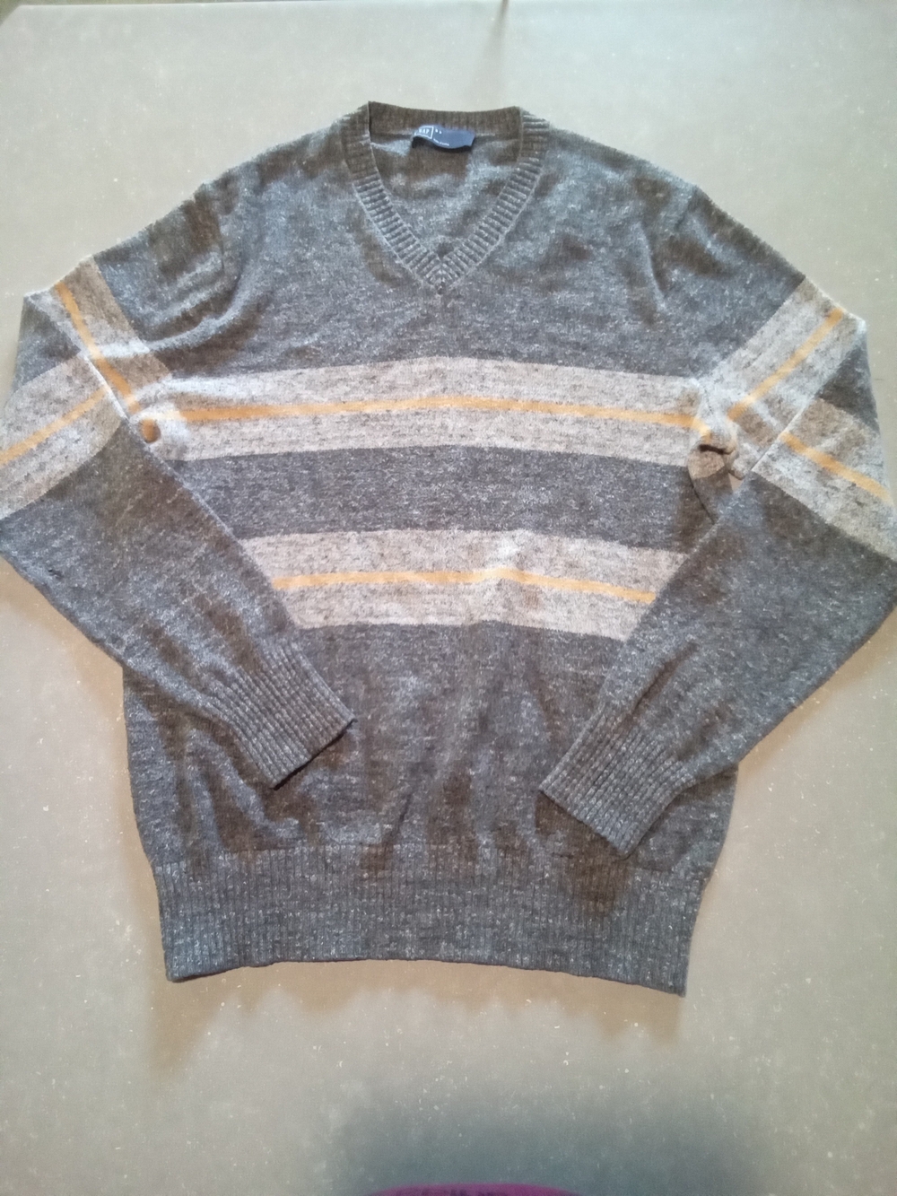 GAP Womens Gray V-Neck Sweater with Cream and Tan Stripes